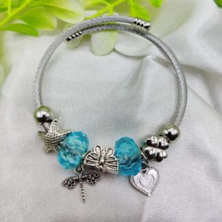 Imported Elegant Pandora-Inspired Silver Charm Bracelet with Ocean Blue Beads & Delicate Charms| Best Quality Bracelet For Girls & Women