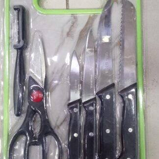 6 in 1 Stainless Steel Knives Set– For meat, bread, fruits, and vegetables | Kitchen Knife Set with Scissors, Peeler & Cutting Board – All-in-One Cooking Essentials with Ergonomic Handles & Sharp Stainless Steel Blades