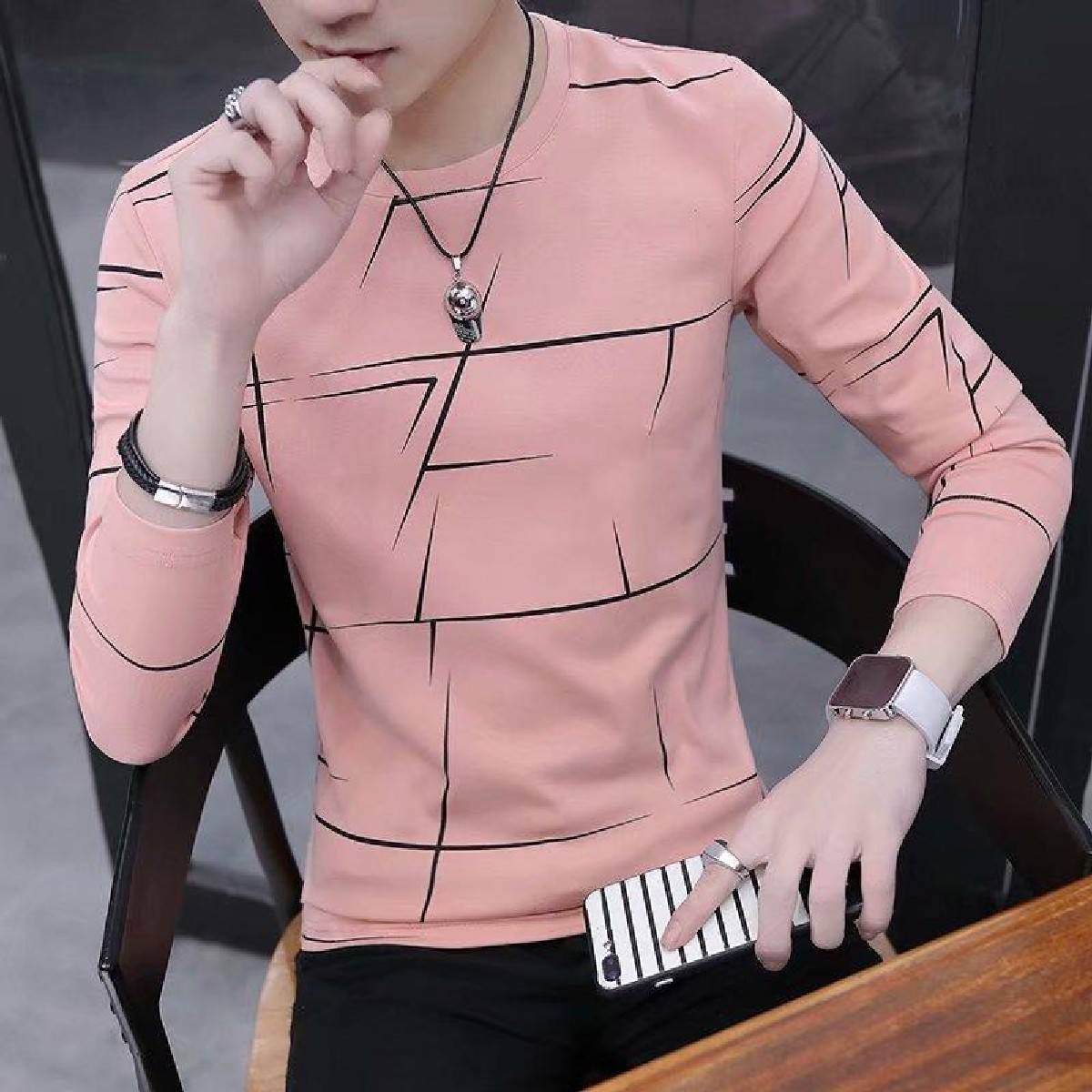 Fancy Cotton Jersey Full Sleeves T Shirt For Men | Best Quality Full Sleeves T Shirt For Men | T Shirt For Boys - Pink T-Shirt with Black Print