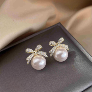 Bow sparkle diamond pearl stud earrings /  Pearl Earrings Women's Earrings for Gift