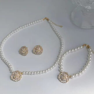Elegant Flower Design Pearl Stone Set  / Necklace/ Earrings /Braclet   For Women Jewelry
