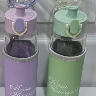 Rosa Flowery Glass Water Bottle with Protective Sleeve & Flip-Top Cap (300ml) | Water Bottle | Glass Water Bottle |