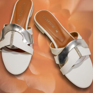 White & Silver Premium Slippers – Elegant Design, Comfy Feel & Stylish Look | Shine with every step — comfort, elegance and class in one perfect pair | Slipper | Slipper For Women (With Box)