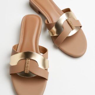 Women's Tan & Gold Embellished Flat Sandals – Stylish Slip-On Slides with Luxury Comfort & Chic Gold Accent Shine with every step — comfort class in one perfect pair | Slipper | Slipper For Women (With Box)