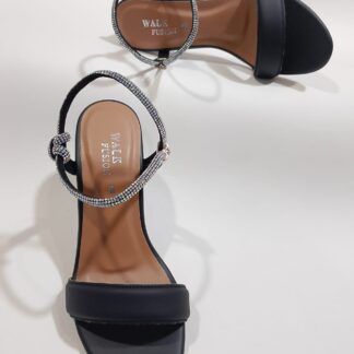 Women’s Black Block Heel Sandals with Sparkling Rhinestone Straps | Elegant Party & Casual Footwear