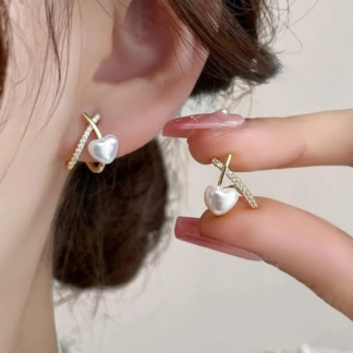 Stylish Minimalist Pearl Heart Earrings – Gold Hoop with Crystal Detailing - Cross Heart Peal Korean Earrings (PJT-993)