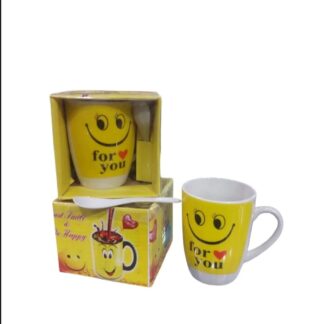 Smart and Cute Emoji Ceramic Smiley Cup with Spoon – Stylish Tea and Coffee Mug, Perfect Gift for Birthday, Celebration, and Decoration (Random Designs)
