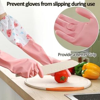 Long Reusable Dishwashing Gloves with Warm Fleece Lining – Extra Long Waterproof Rubber Cleaning Gloves, Anti-Slip, Heat Resistant for Kitchen, Laundry, and Household Use (Random Color)