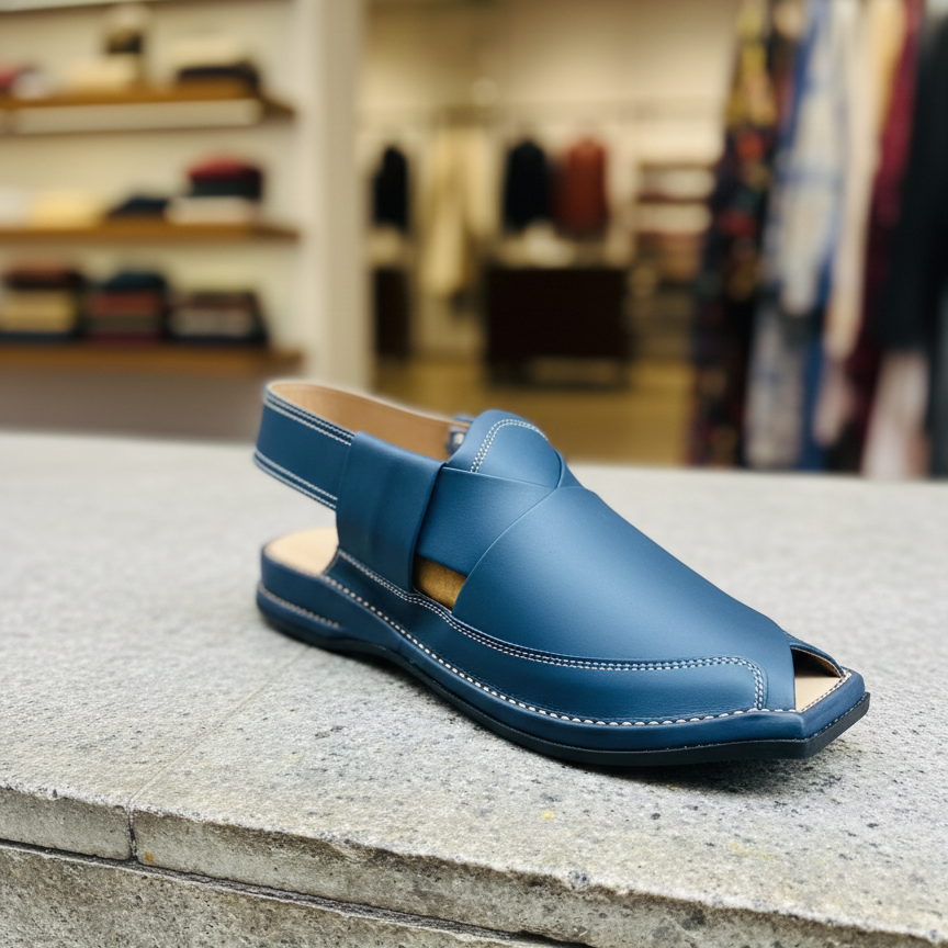 Blue Zalmi Leather Peshawari Chappal Offering Traditional Craftsmanship With Stylish Design And Comfortable Wear