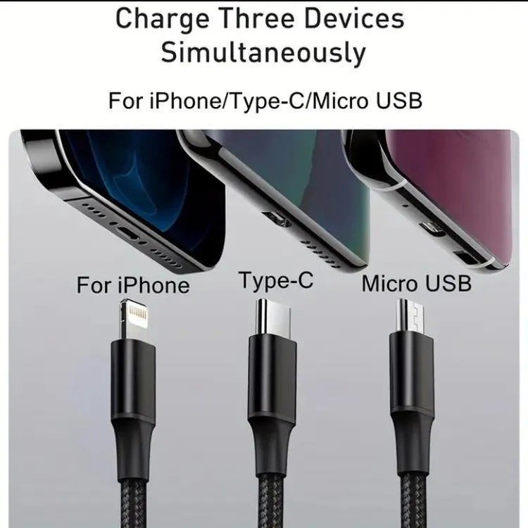 3 In 1 Charging Cable Durable Aluminum Alloy Strong Build Reliable Utility Perfect Choice For Daily Charging Needs (Random Color) - Image 2