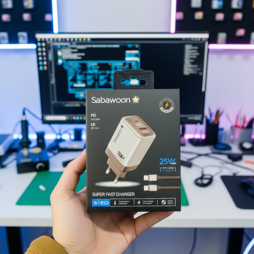 Sabawoon S120 25W Fast Charger 🔌 | All Mobile Options | Type‑C to Type‑C Cable - Image 3