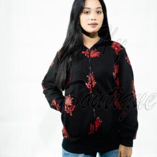 Winter Collection Women’s Red Leaf Print Jacket | Stylish & Warm Outerwear | Trendy Winter Fashion for Ladies