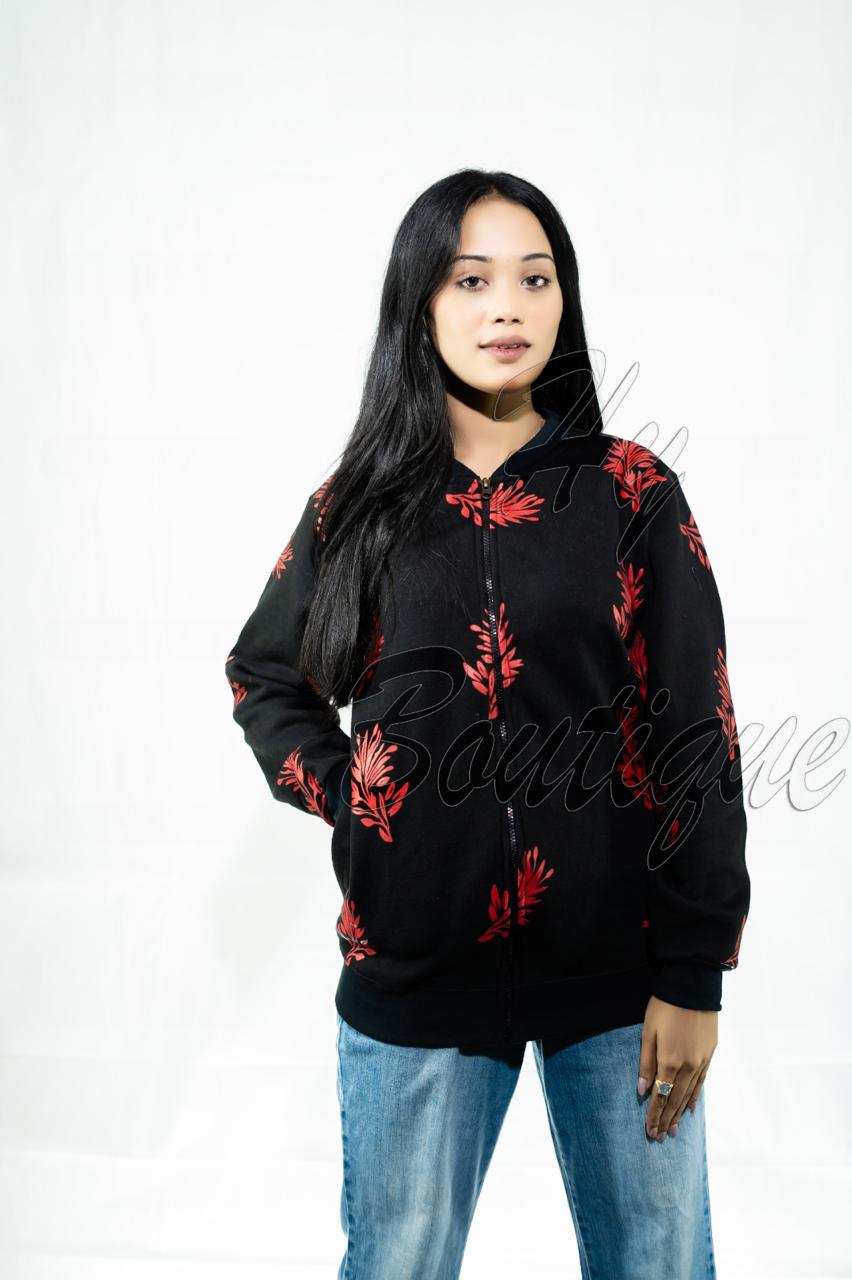 Winter Collection Women’s Red Leaf Print Jacket | Stylish & Warm Outerwear | Trendy Winter Fashion for Ladies