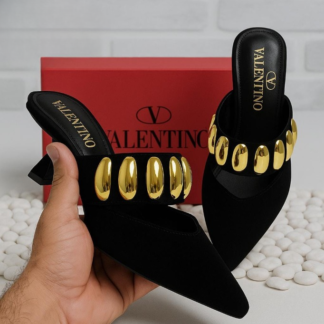 Valentino Garavani Royal VLogo 65 Leather Mules In Black Suede With Gold Tone