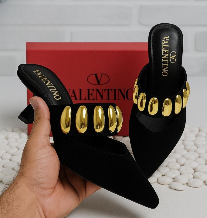 Valentino Garavani Royal VLogo 65 Leather Mules In Black Suede With Gold Tone