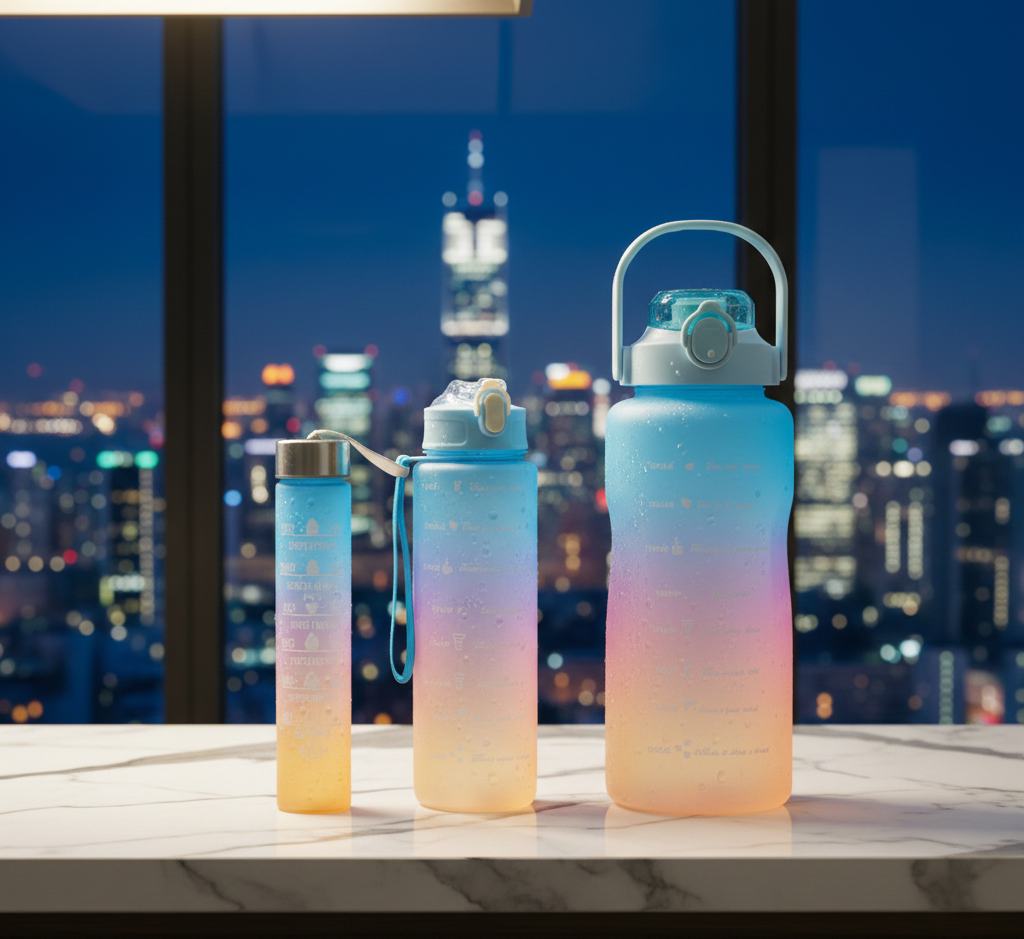 3-Piece Motivational Water Bottle Set with Time Markers & Straw – Leak-Proof, BPA-Free Frosted Gradient Ombre Jugs (2L, 900ml, and 300ml) for Fitness, Gym, and Outdoor Sports - Image 4
