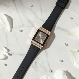 Midnight Elegance – Rectangular Rose Gold & Crystal Statement Watch