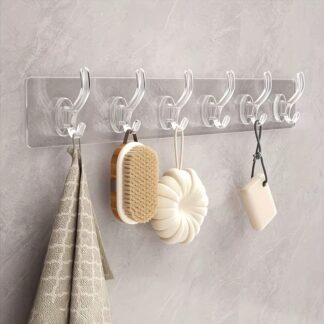 Pack of 3 Transparent 6‑Hooks Hanger | Self Adhesive | Waterproof & Reusable Wall Hooks | Multipurpose Strong Clips