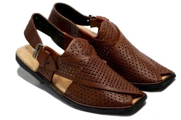 Handcrafted Men’s Peshawari Chappal – Classic Brown Perforated Leather Sandals with Adjustable Buckle Strap & Durable Rubber Sole - Image 2
