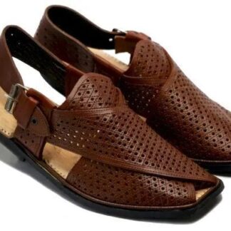 Handcrafted Men’s Peshawari Chappal – Classic Brown Perforated Leather Sandals with Adjustable Buckle Strap & Durable Rubber Sole
