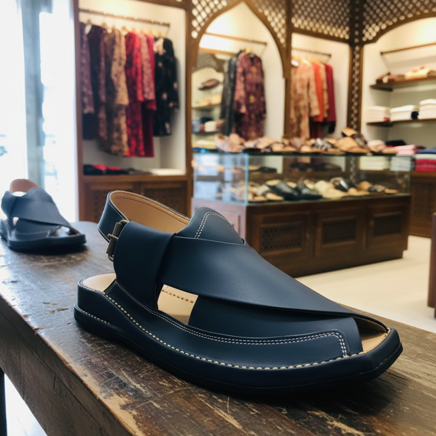 Blue Zalmi Leather Peshawari Chappal Offering Traditional Craftsmanship With Stylish Design And Comfortable Wear - Image 2