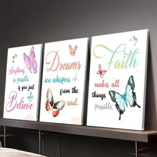 Believe, Dream, Faith – 3-Piece Inspirational Butterfly Wall Art Set (8x11 inch)