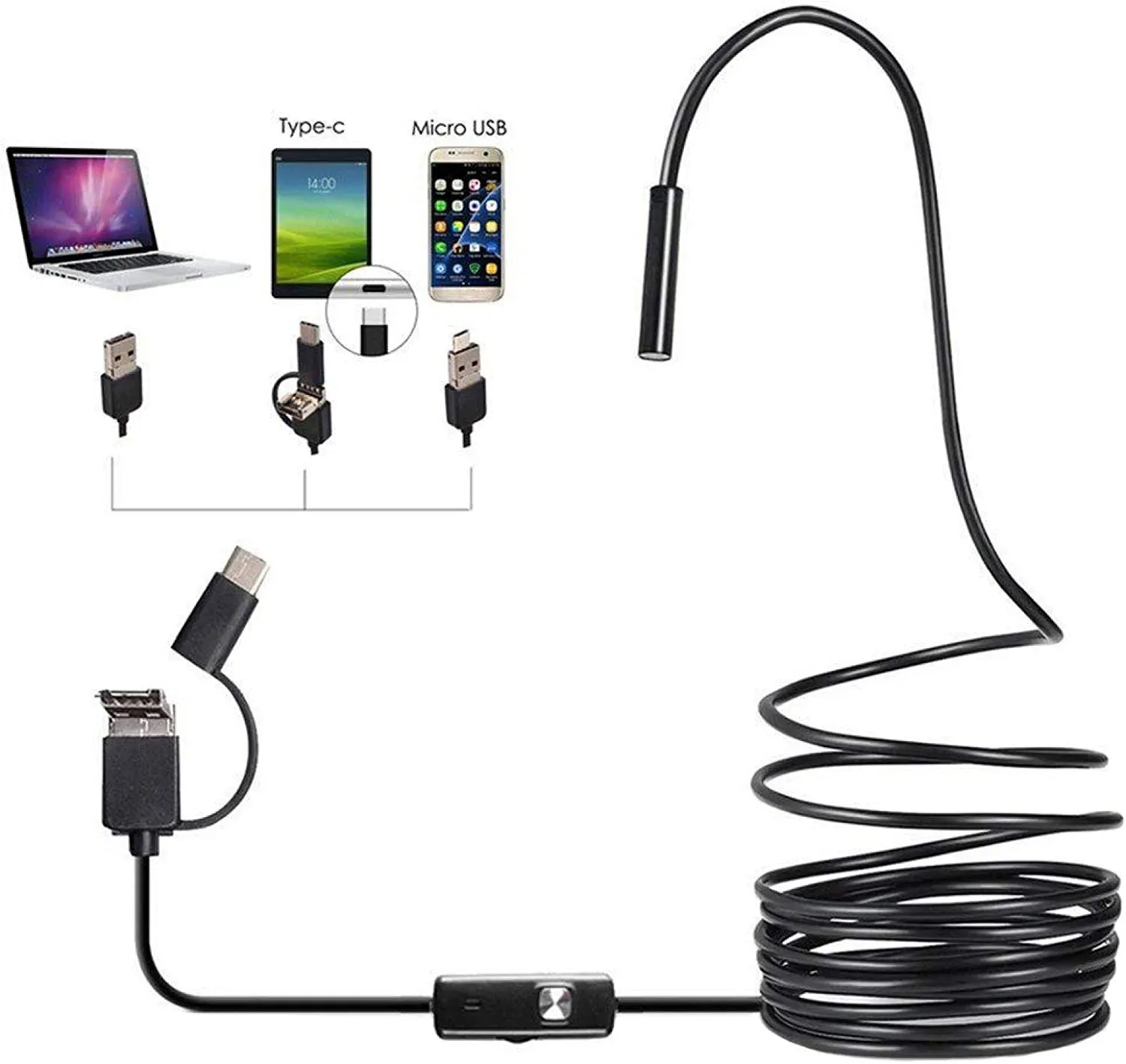 3 In 1 Type C / Micro USB / PC Endoscope Camera 3.5m With HD Lens, Adjustable LED Lights & IP67 Waterproof Design