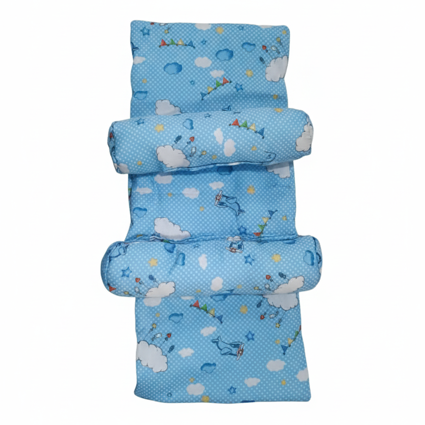 Sleep Support Set – Soft Cotton Quilted Mattress with Dual Side-Positioning Bolster Pillows | Sky Blue Cloud & Aviation Theme - Image 3
