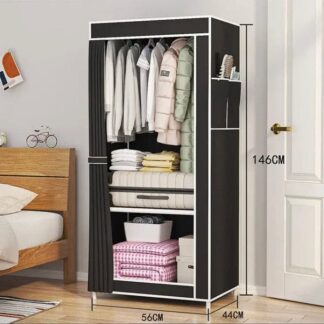 Heavy-Duty Portable Single Fabric Wardrobe – Compact Space-Saving Clothes Organizer with Hanging Rail, Storage Shelves, and Dustproof Curtain Cover (56cm x 44cm x 146cm)