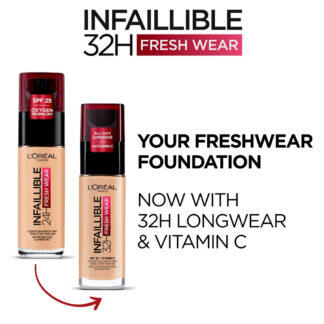 L'Oréal Paris Infallible 32H Fresh Wear Foundation, Full-coverage, Longwear, Weightless Smooth Finish, Water-proof and Transfer-proof, with Vitamin C 30ml