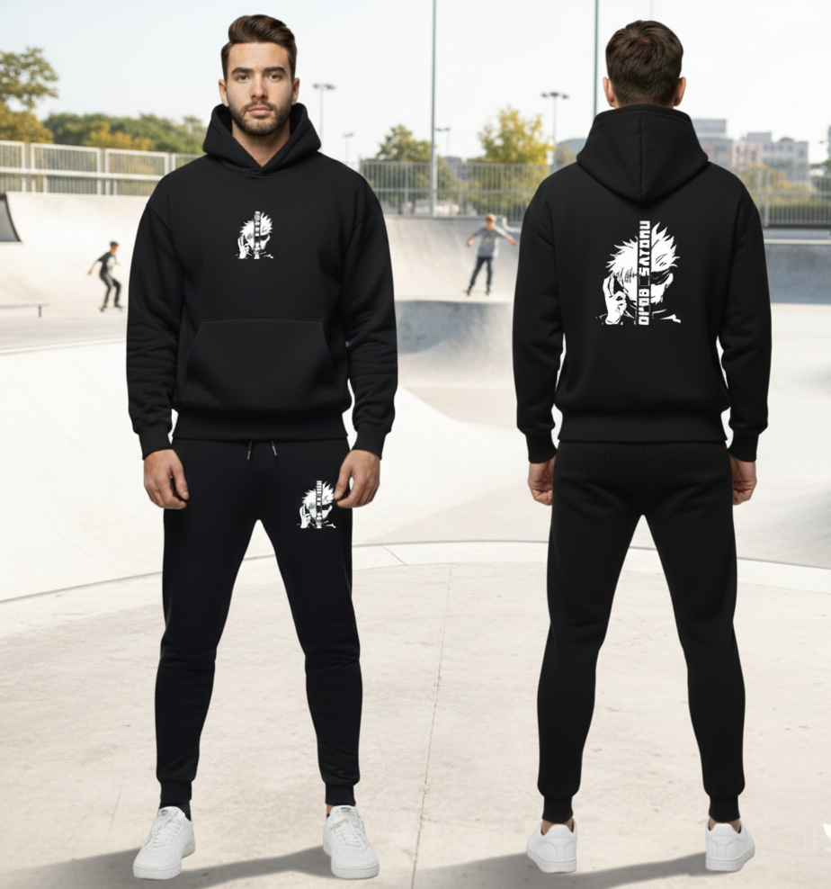 Urban Streetwear Tracksuit – Men’s Heavyweight Black Graphic Hoodie - Image 4