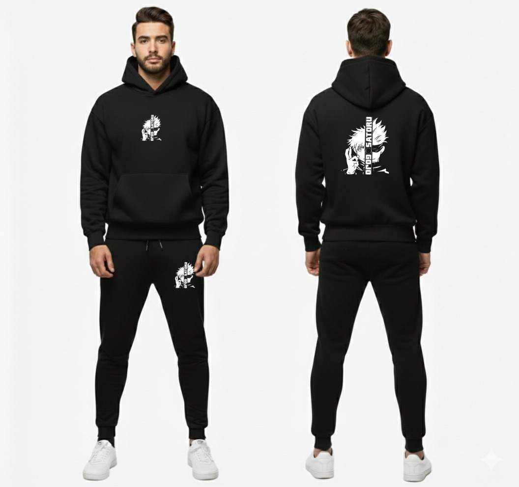 Urban Streetwear Tracksuit – Men’s Heavyweight Black Graphic Hoodie - Image 2