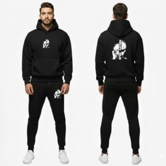 Urban Streetwear Tracksuit – Men’s Heavyweight Black Graphic Hoodie