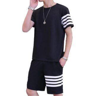 Black Color Trendy LINE Printed Tracksuit for Men | Cotton T-Shirt & Shorts | Summer Casual Wear | Gym & Elegant Suit
