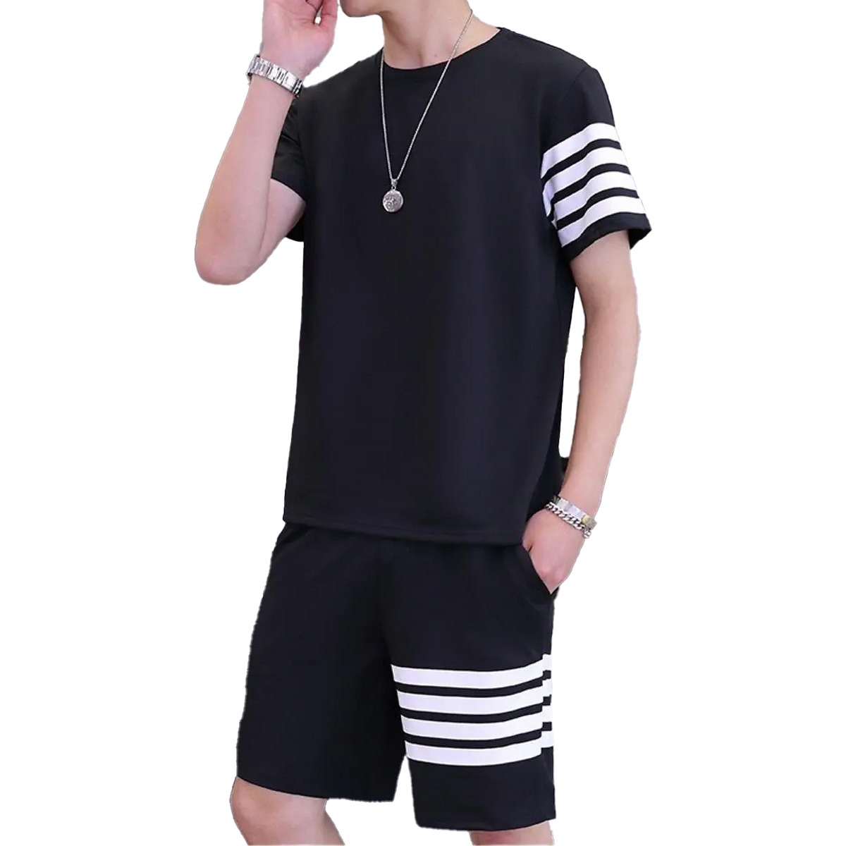 Black Color Trendy LINE Printed Tracksuit for Men | Cotton T-Shirt & Shorts | Summer Casual Wear | Gym & Elegant Suit