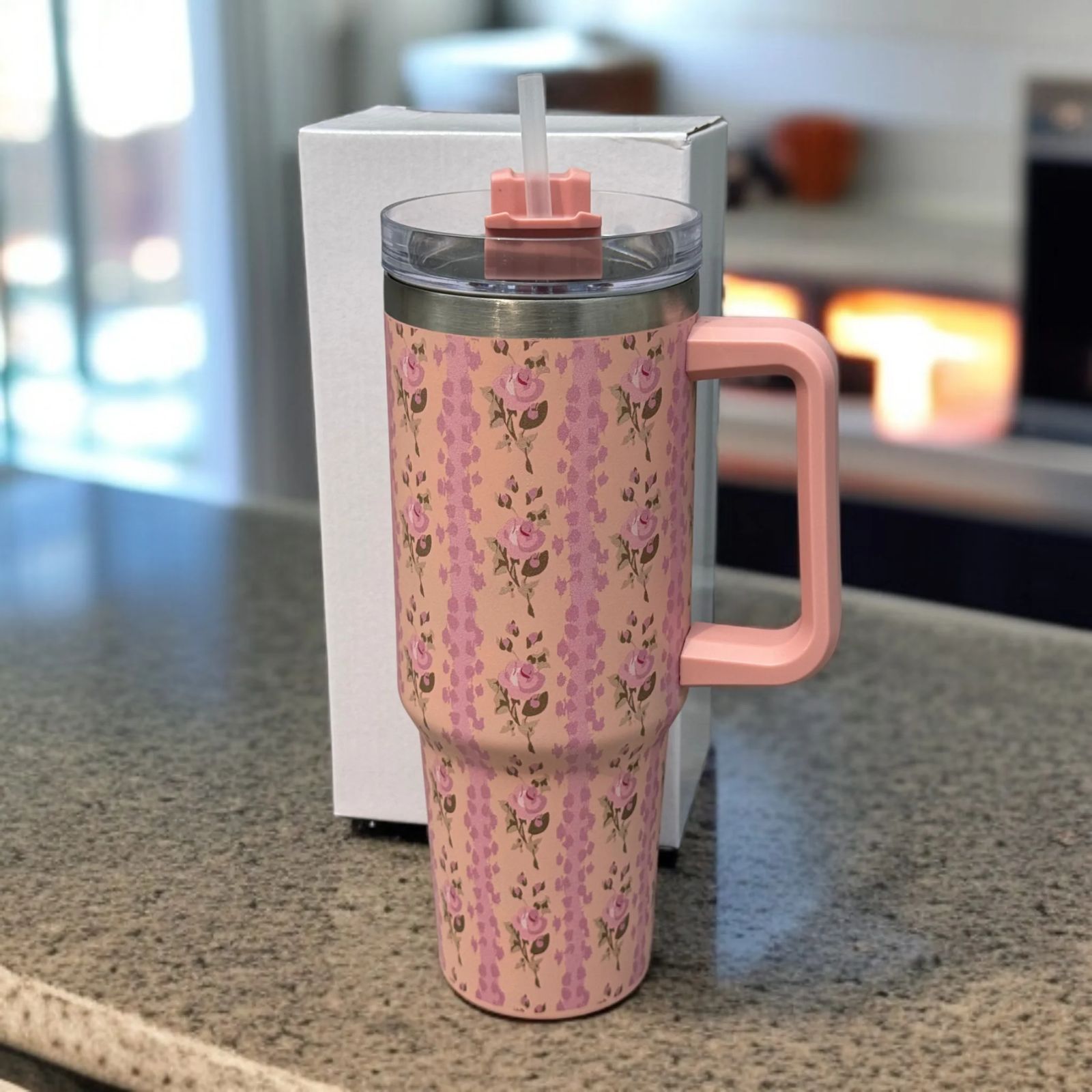 Floral Insulated Travel Tumbler 40oz – Double-Wall Vacuum Flask with Ergonomic Handle & Leak-Resistant Lid (Random Colour)