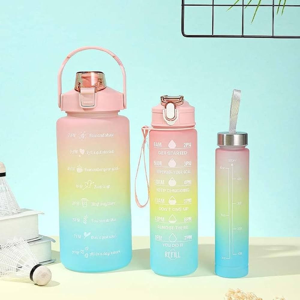 3-Piece Motivational Water Bottle Set with Time Markers & Straw – Leak-Proof, BPA-Free Frosted Gradient Ombre Jugs (2L, 900ml, and 300ml) for Fitness, Gym, and Outdoor Sports - Image 3