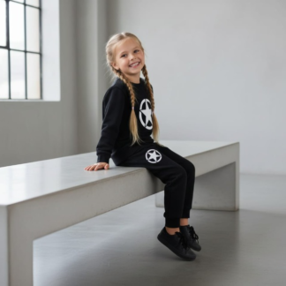 Kids Star Printed Black & Black Tracksuit Set | Winter Fleece Sweatshirt & Trouser Outfit for Boys & Girls – Warm & Trendy FOR BABY AND KIDS