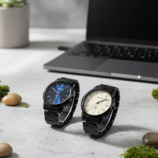BESTWIN Minimalist Matte Black Link Bracelet Watch - Premium Sunray Blue & Cream Dials - Precision Quartz Movement for Modern Professionals