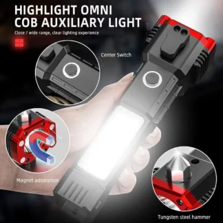 High Power LED Torch Light Rechargeable Flashlight With Tactical Hammer And Power Bank Providing Strong Brightness (Random Color)