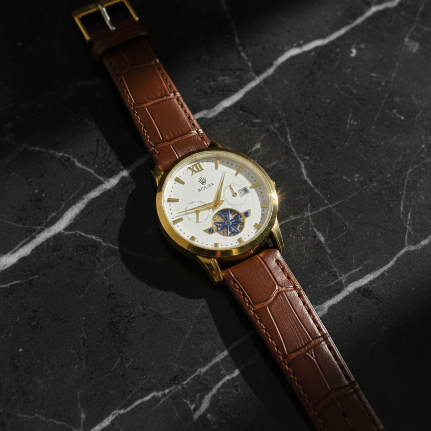 Luxury Men's Skeleton Watch - Gold Tone Case with Open-Heart Movement & Embossed Leather Strap - Classic Business Analog Wristwatch (1 Pc) - Image 2