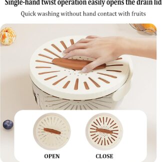 Kitchen Fruit Drainage Basket with Lid – Multi functional Dual-Layer Bowl for Washing, Draining & Storing Fruits and Vegetables, Foldable Handle Design, White