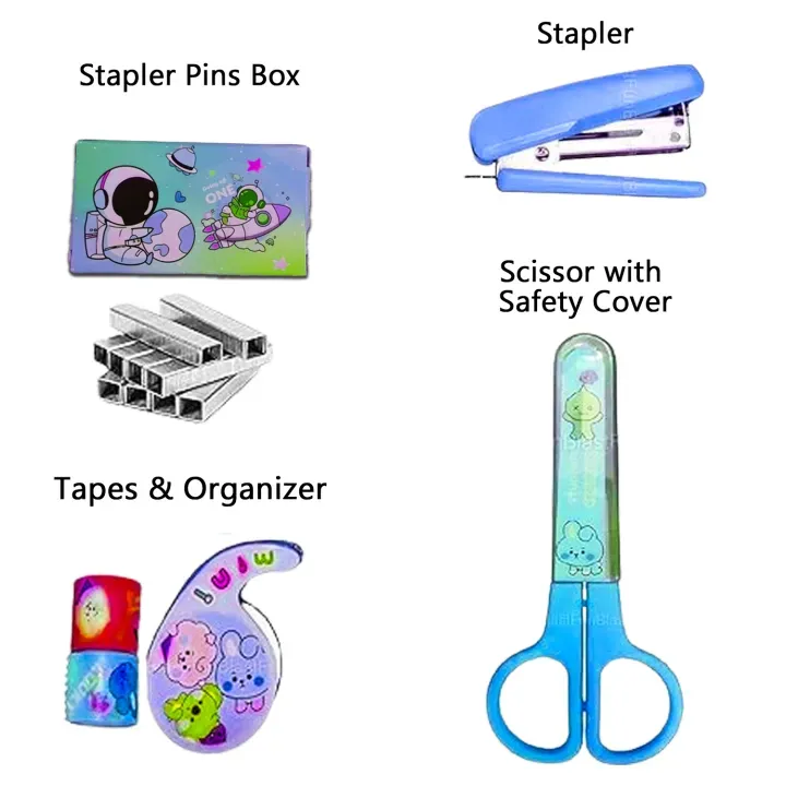 Space-Themed Stationery Set for Students and Office Use – 6-Piece Desk Organizer Kit with Stapler, Staple Pins, Scissors, Mini Washi Tapes, and Tape Dispenser – Creative Back-to-School and Gift Set (Random Color)