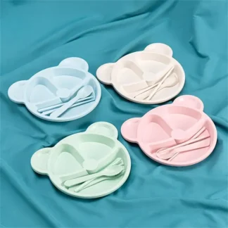 5 Pcs Bear Plate Set - Cartoon compartment dinner plate | Includes Divided Plate, Fork & Spoon, Perfect For Toddlers & Preschoolers (Random color)