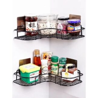 Metal Corner Rack For Bathroom & Kitchen | Shelf Organize | Wall Mount Bathroom Accessories (with 2 Hooks included)