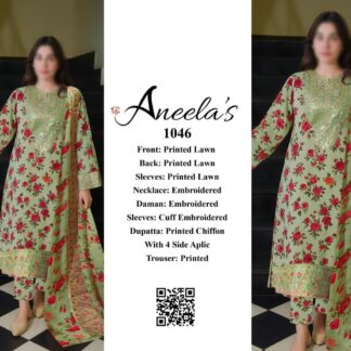 Aneela's Premium Lawn 3PC Unstitched Suit - Embroidered Sage Green Floral Design