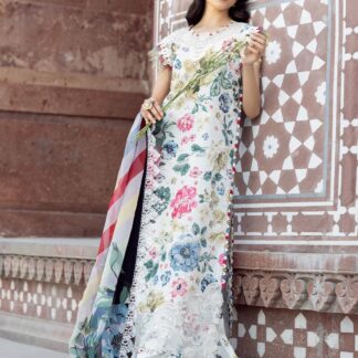 Bin Ilyas 2081-A Off-White Floral Lawn Suit with Heavy Embroidered Chickenkari & Cutwork Chiffon Dupatta