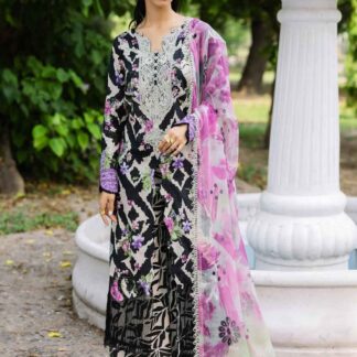 Nureh NSG-25: Elegant Black & White Printed Lawn Suit with Floral Accents & Sequined Embroidery