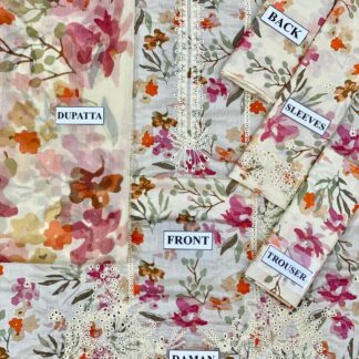 IZEL Lawn Collection: Exquisite Cream Floral Unstitched 3-Piece Suit with Chikankari Embroidery