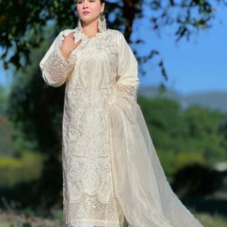 PRET CHICKENKARI COLLECTION: Luxurious Cream Lawn Cotton Suit with Heavy Embroidery & Organza Dupatta